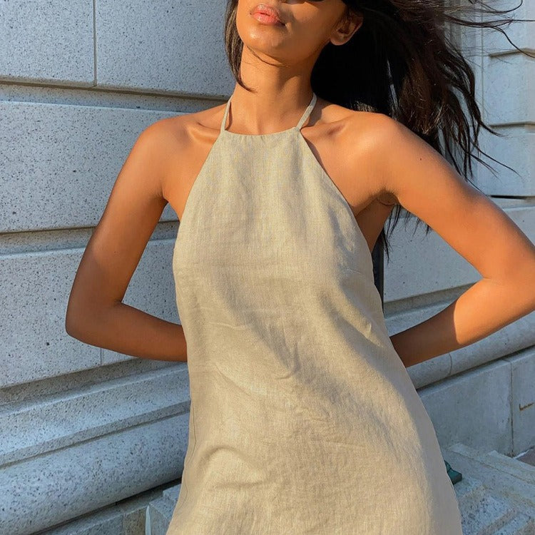 Sexy Hot Girl Women's Skirt Short Backless Cotton and Linen dress Neck Design Lace-up A- line Skirt