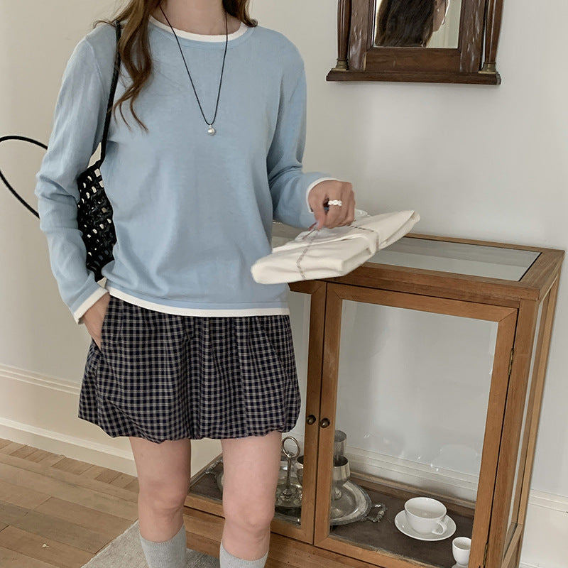 New Spring and Summer Women's Knitted Sweaters, Cotton Round Neck Contrasting Bottoming Shirts, Loose and Simple Elegant Inner Tops Wholesale