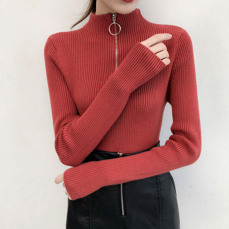Spring sweater women's semi-high collar ring zipper slim outer wear long sleeve middle collar base sweater sweater top wholesale