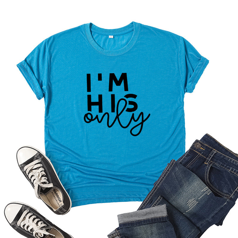 in stock Foreign Trade Cross-border I 'M HER ONE Couple Valentine's Day Printed Short-sleeved Crewneck T-shirt European and American Men and Women