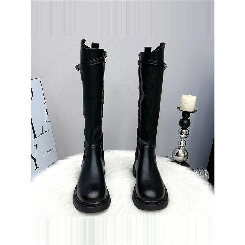 Genuine Leather Thick-Soled Boots for Women 2025 Autumn and Winter New V-Mouth High Knight Boots for Small People but No More Than Knee Boots for Women