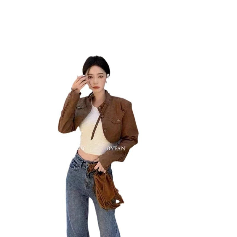 Design Sense Brown Vintage Leather Jacket Women's 2024 Autumn and Winter Short Pu Deerskin Jacket Top