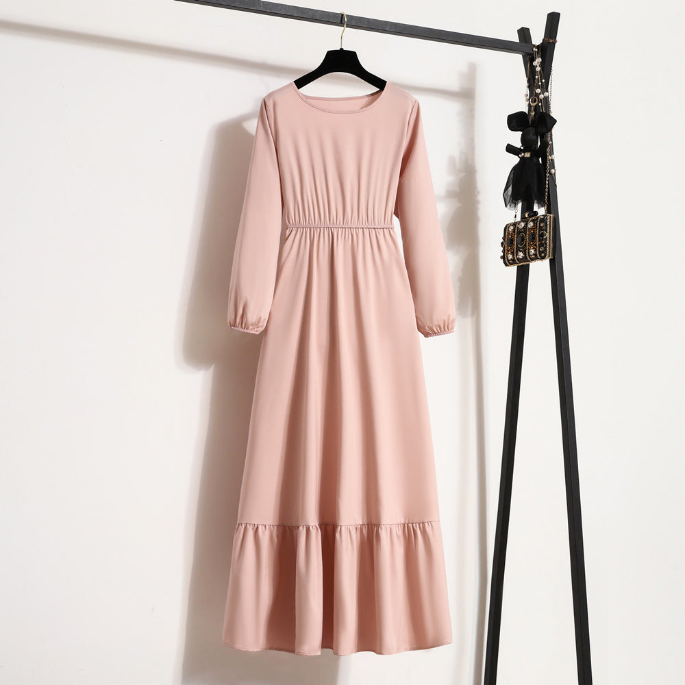 Cross-Border Export Aliexpress Women's New Long Skirt Pure Color Pullover Long-Sleeved Waist A-Line Dress