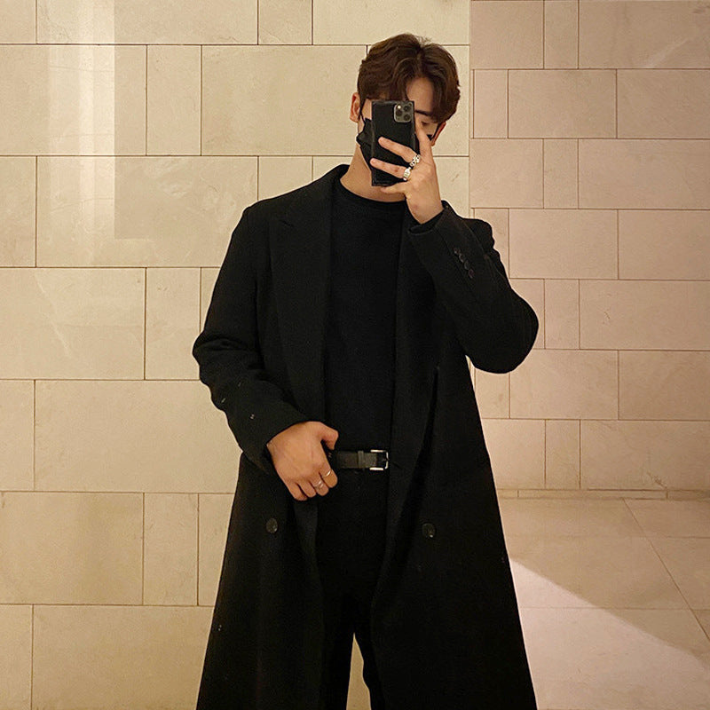 2024 Winter Men's Mid-length Knee-length Thickened Loose Korean Double-breasted Woolen Coat Coat Woolen Coat