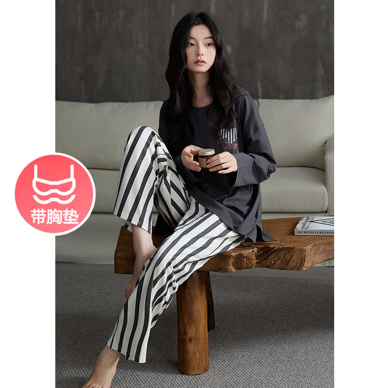 Deershi Pure Cotton Pajamas with Breast Pads for Women 2025 New Spring and Autum Long-Sleeved Loose High-End Home Clothes That Can Be Worn Outside