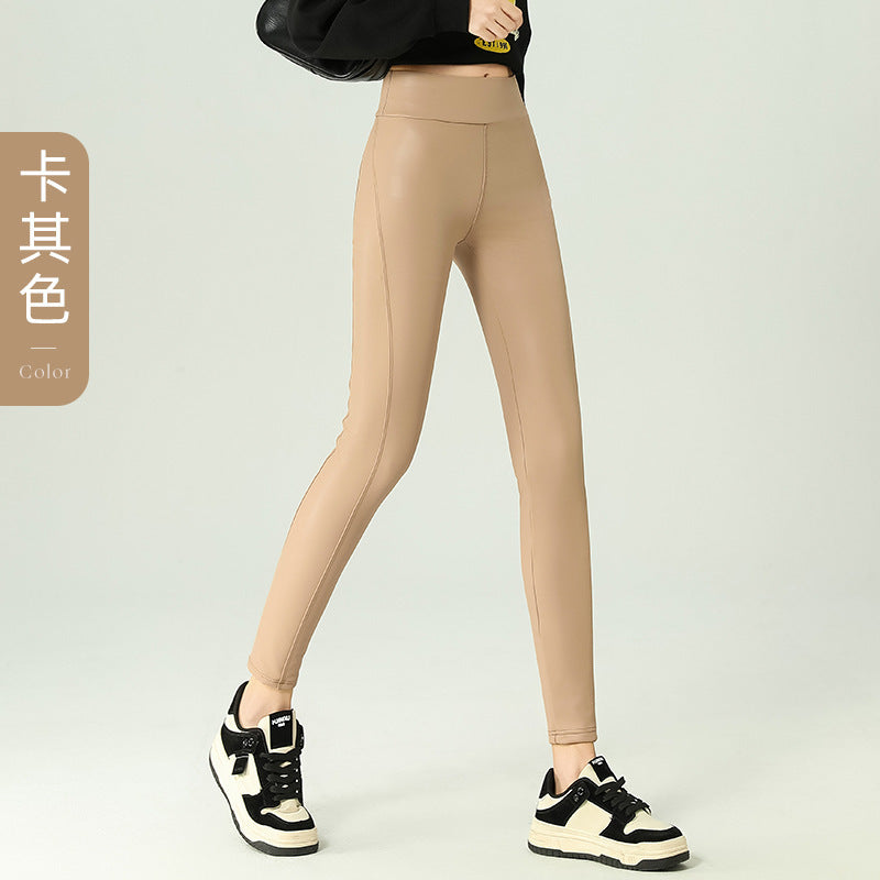 Leather Pants Women's Tight 2024 New High Waist Thin Cropped Pants fleece-lined Leather Matte Leggings Outer Wear Long Pants