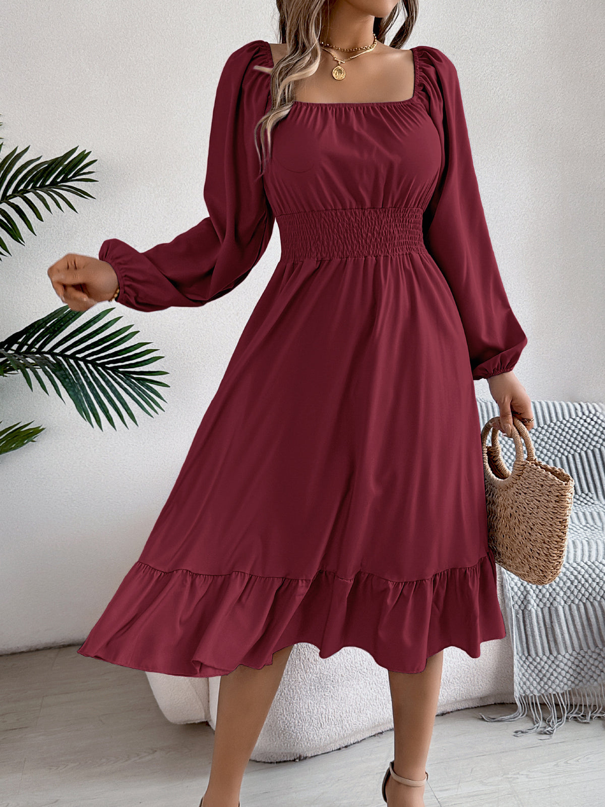 2026 Spring/Summer European and American Casual Solid Color Square Neck Long Sleeve Waist-Cinching Ruffle A-Line Dress Amazon Cross-Border Women's Clothing