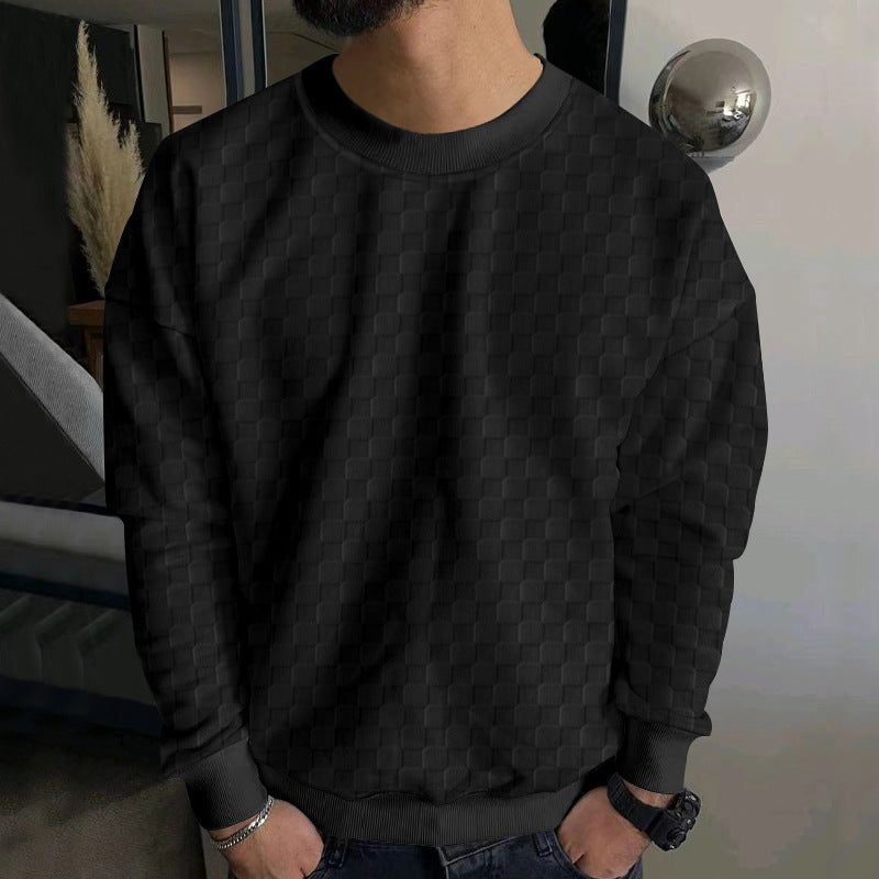 Cross-Border Men's Autumn and Winter Heavy Jacquard Checkerboard European and American Round Neck Casual Bottoming Shirt Men's Knitted Long-Sleeved Sweatshirt Men
