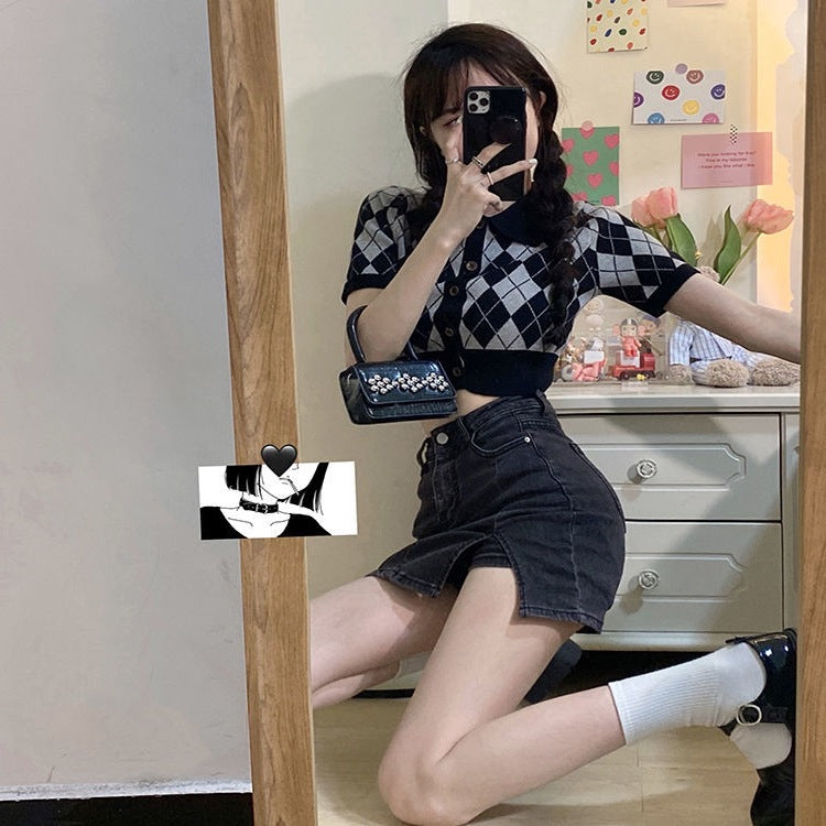American Hot Girl Summer New Korean Style Slimming Look A-Line Skirt Trendy Anti-Exposure Slit Black Denim Skirt for Women