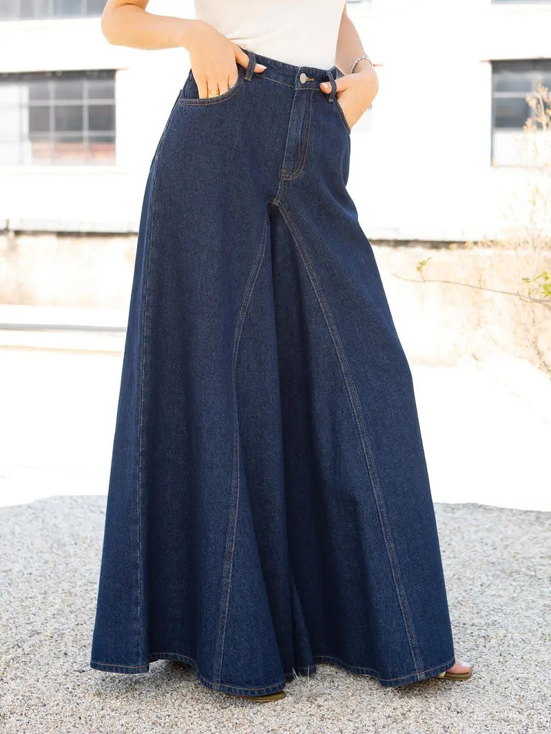Label Women's Elegant and Simple Wide-Leg Jeans Stretch Jeans Washed Denim 2025 New Jeans