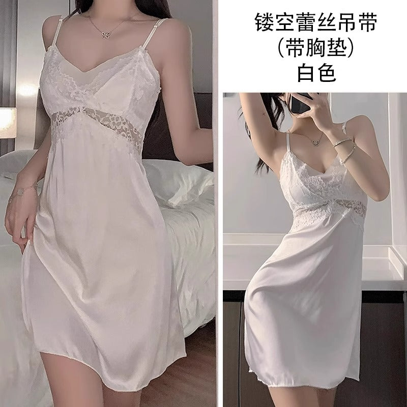Sexy Pajamas for Women Pure Lust Style 2025 Spring and Summer New Mesh Lace with Breast Pad Suspender Nightgown Nightgown Set