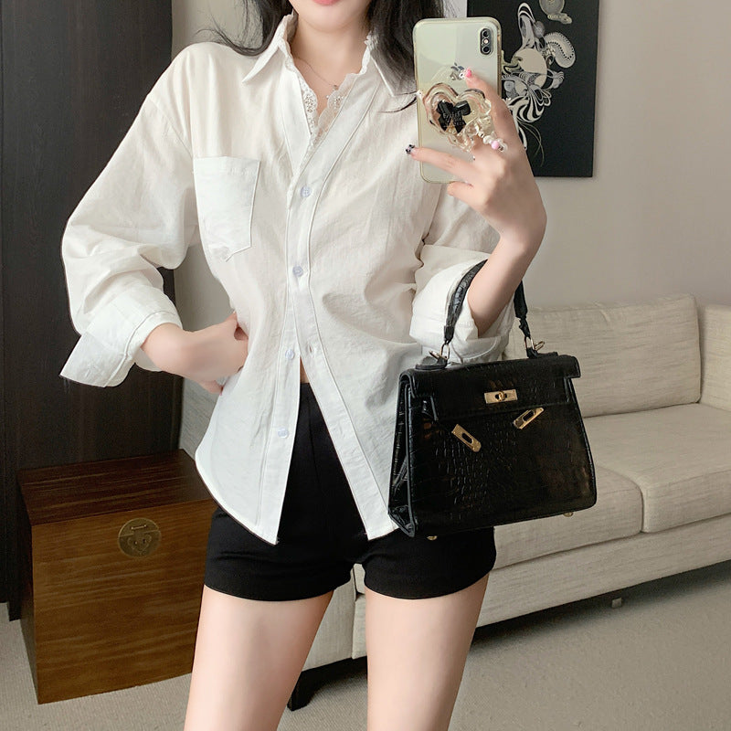 waist lace stitching lapel fake two long sleeve shirts