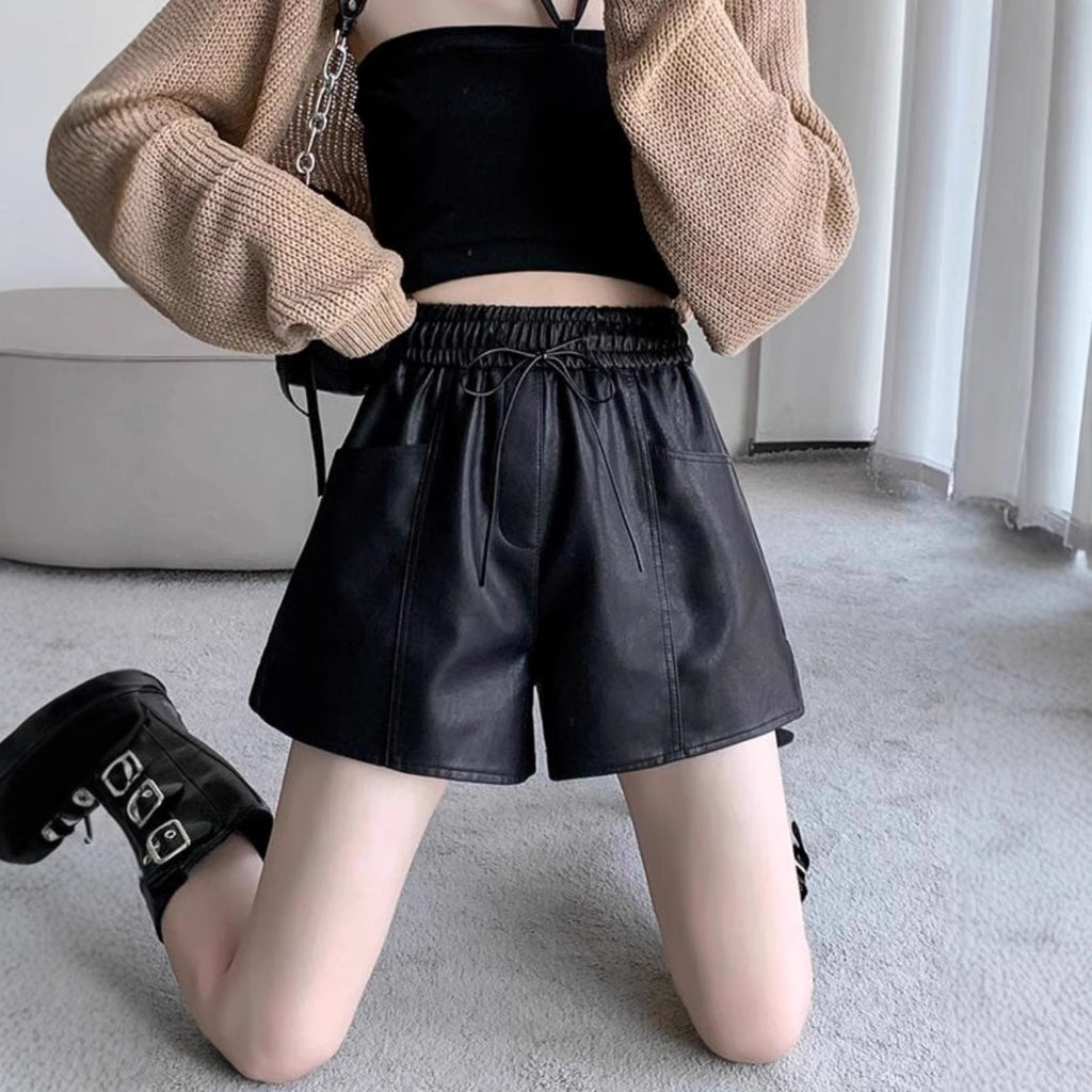 Leather Shorts Women's Autumn 2024 New High Waist Slimming A- Shaped PU Leather Pants Autumn and Winter Wide Leg Pants Outer Wear with Boots Pants