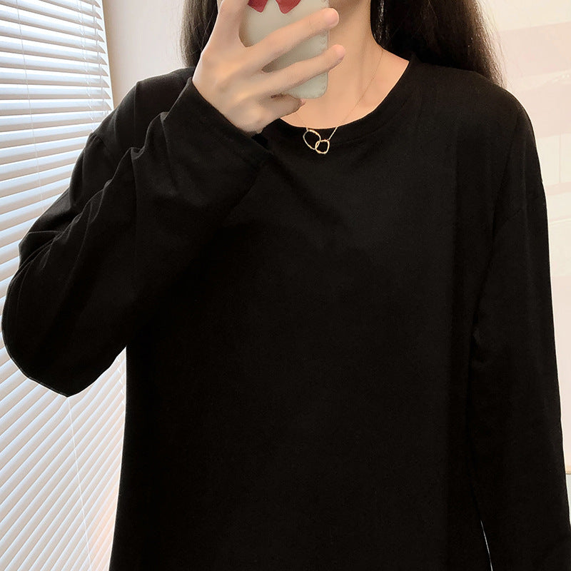 150kg Women's Spring Round Neck Mid-Length Slit Long Sleeve T-Shirt for Women 120kg Plus Size Loose Slimming Base Shirt