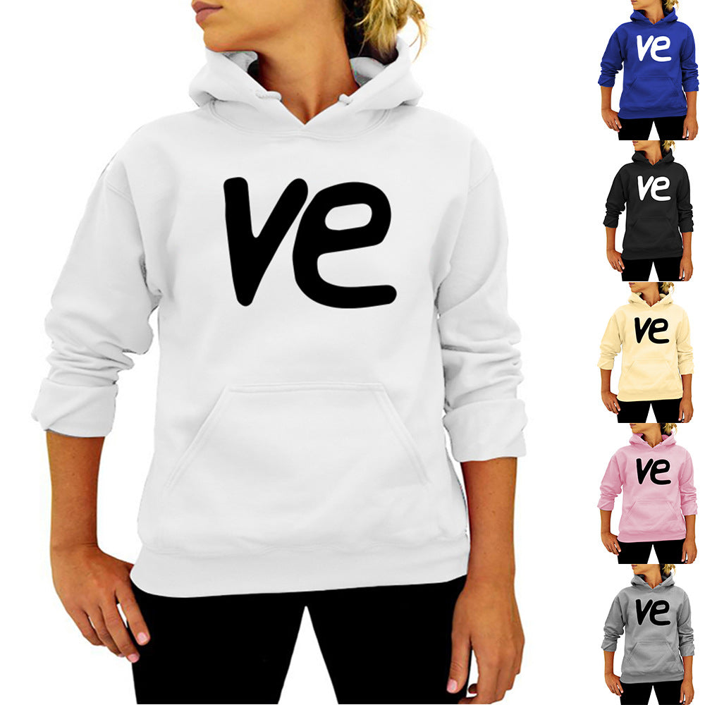 VE Letter Printing Hooded Sweat European and American Women's Autumn and Winter Top Fashion Loose Amazon Foreign Trade Cross-border