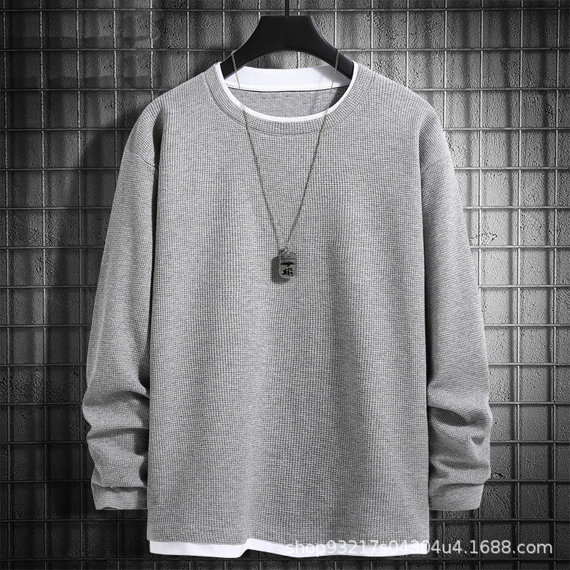 Waffles Sweaters Men's Long-sleeved Spring and Autumn Fake Two-piece Loose All-match Casual Round Neck Base Autumn Men's Top