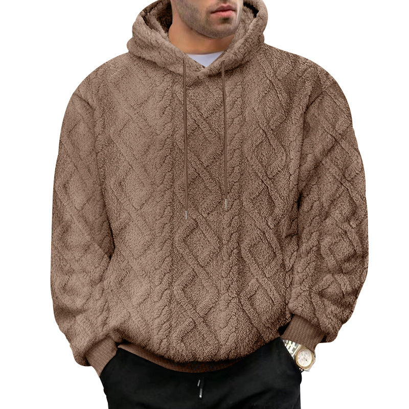 Cross-Border American Style Autumn and Winter Sweatshirt for Men, Casual High Street Jacquard Diamond Double-Sided Fleece Loose Pullover Hooded Sweatshirt for Men