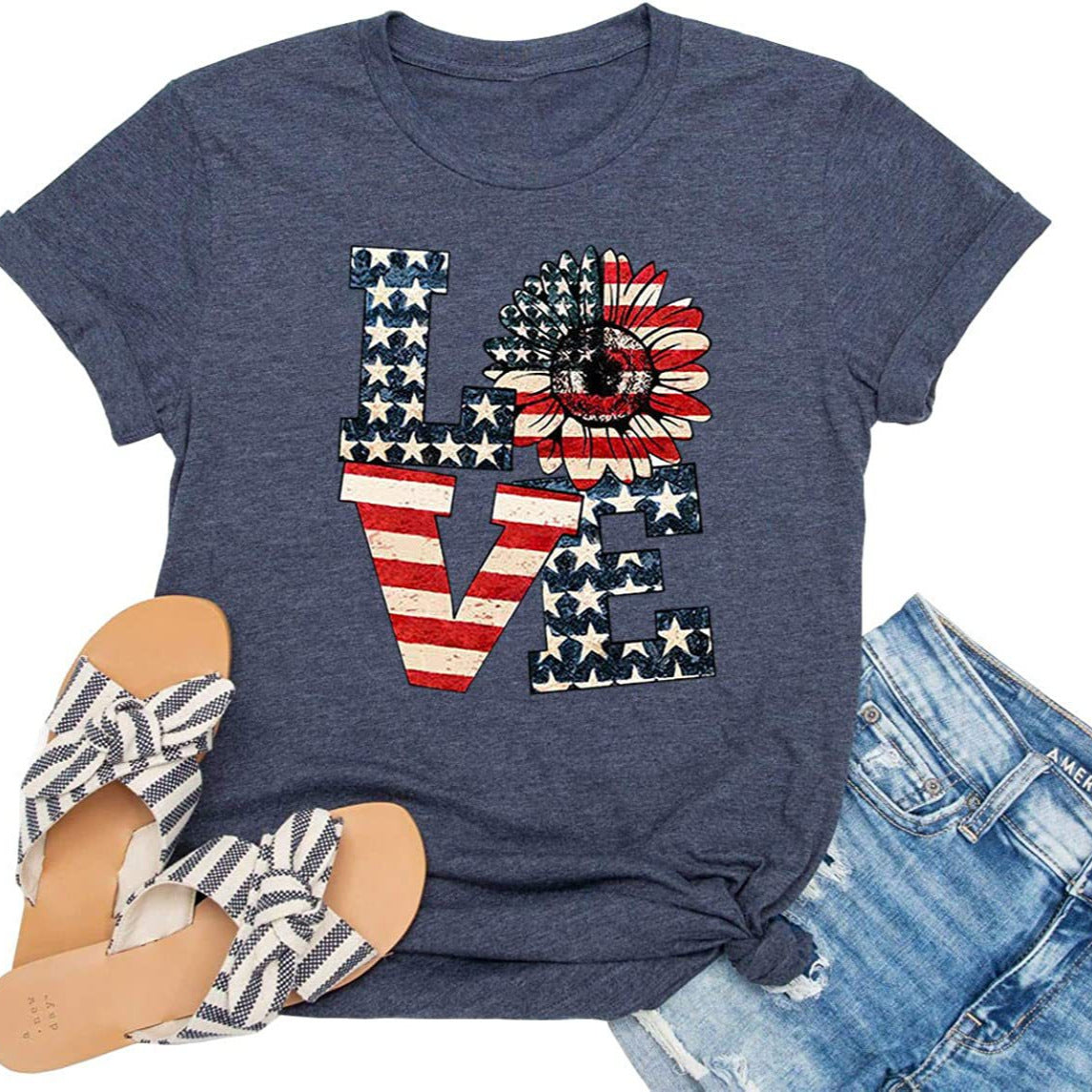 Round Neck American Independence Day T-Shirt Women Love American Flag Printed Top Colored Cotton T-Shirt