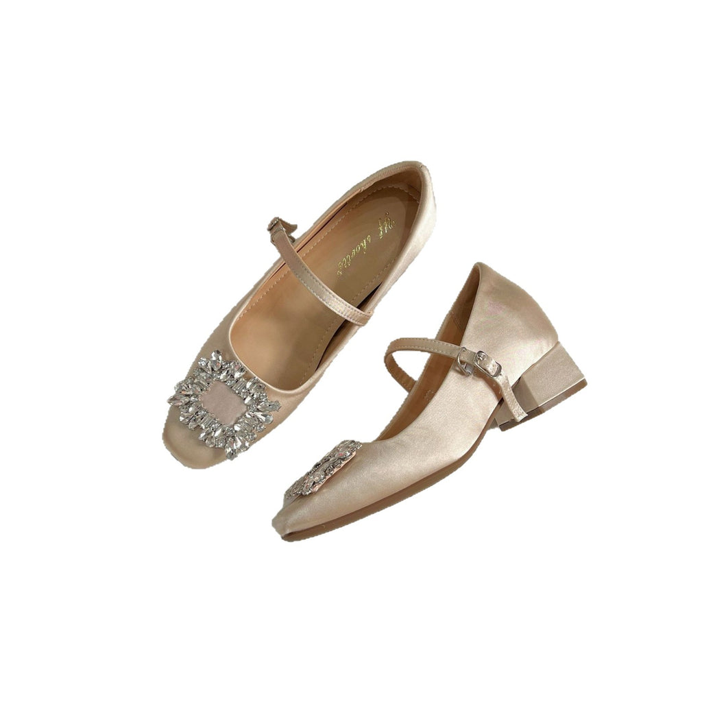 Women's Shoes for Small People with Inner Heightening, High-End Rhinestone Square Buckle Thick Heel Satin Mary Jane Shoes, Summer High Heels with Skirts