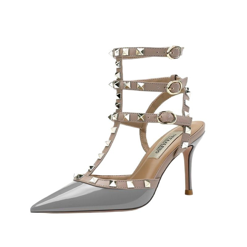 2025 Summer New Pointed Black Rivet High Heels girls Sandals Stiletto Beautiful Nude Shoes Willow Shallow