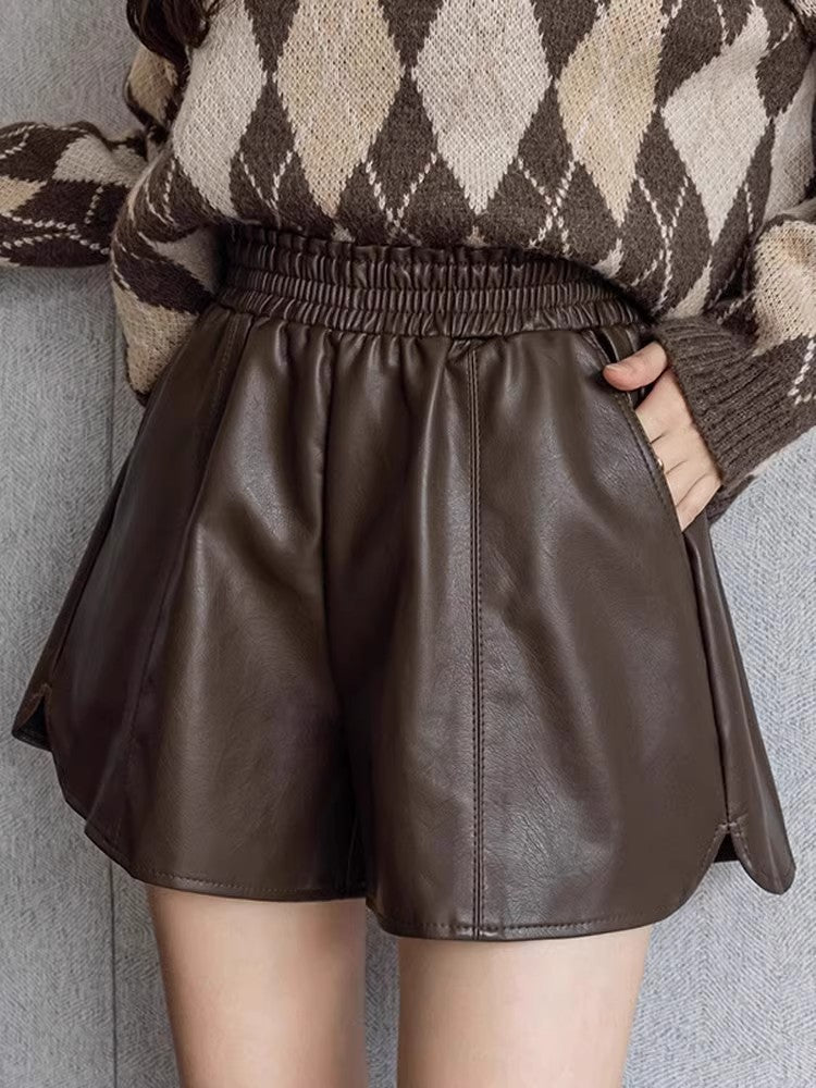 Casual Leather Shorts Women's Spring and Autumn Outwear Korean Style Short-fit High Waist Wide-leg Leather Pants Base Boot Pants