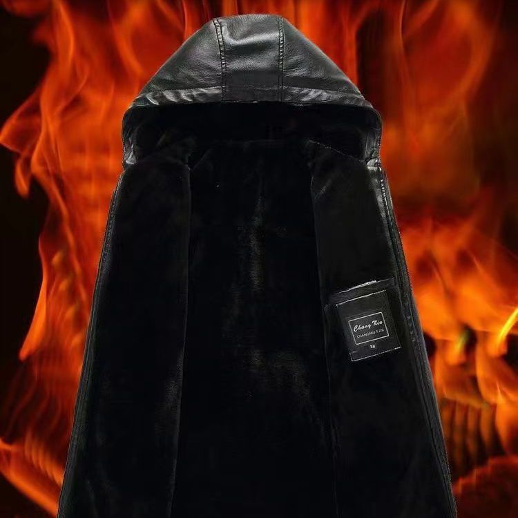 Hooded leather men's New imitation leather winter plus velvet padded long casual men's leather jacket coat wholesale