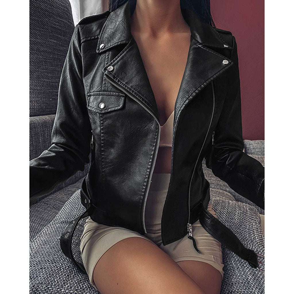 Cross-border 2023 New European and American Motorcycle Leather Jacket Autumn and Winter Women's Leather Clothing Women's Short Slim-fit Leather Fashion Jacket