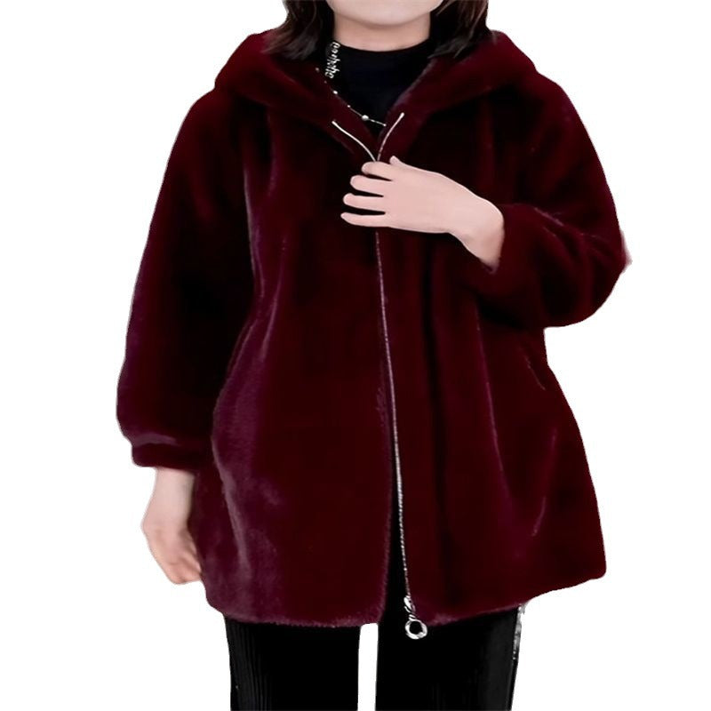 Popular one-piece hooded coat for women winter new middle-aged mom elegant warm western style mid-length coat