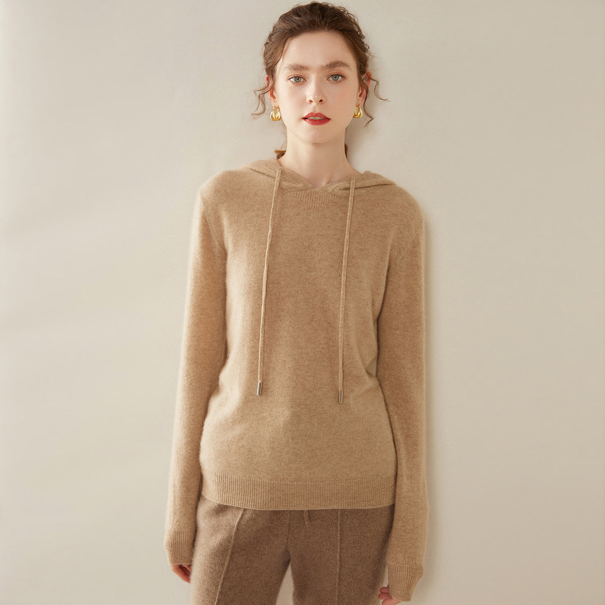 Light Luxury Solid Color 100% Pure Cashmere Hoodie for Women, Versatile for Commuting, Loose Knit Base Hoodie, Loose Fit