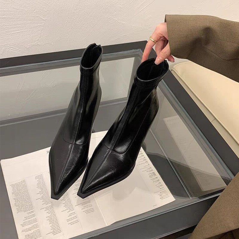 High-Heeled Pointed-Toe Short Boots for Women with Stiletto Heels and Back Zippers 2025 New Autumn and Winter Black Patent Leather High-End Slim Boots