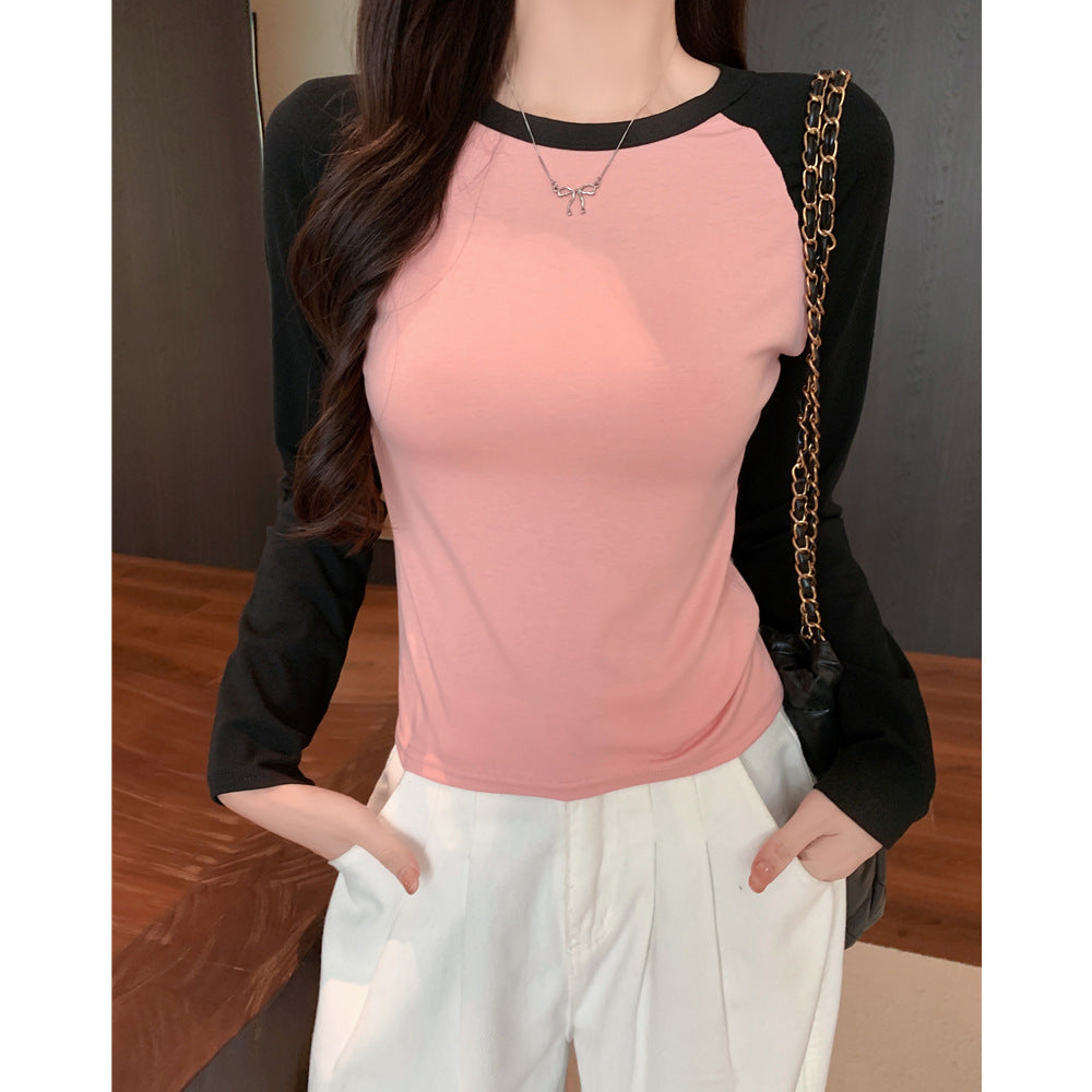 Autumn New Long-Sleeved T-Shirt for Women, Contrasting Raglan Sleeves, Slim Round Neck, Short T-Shirt, Customized Group Clothing, Women's Tops