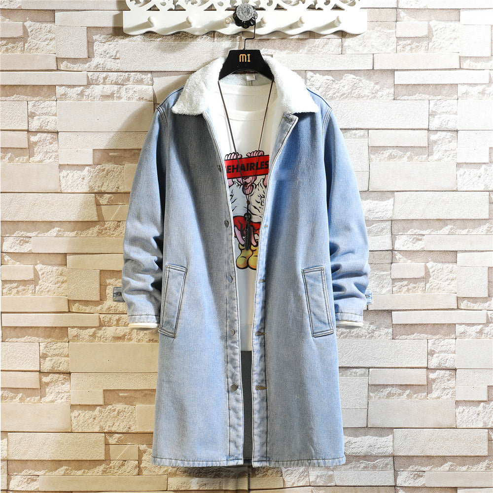 Men's Denim Trench Coat, Mid-Length, Autumn and Winter, Japanese Style, Trendy Brand, Plus Size, Vintage, Loose Fit, Fleece-Lined, Turn-Down Collar Jacket