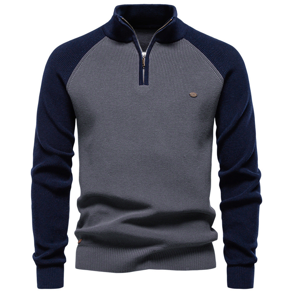 New Men's Long-Sleeve Autumn and Winter Versatile Stand Collar Casual Solid Color Sweater Half-Open Men's In-Stock Wholesale