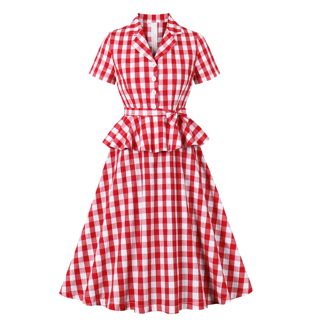 European and American Amazon cross-border suit collar plaid retro ruffled strap waist Hepburn style women's dress