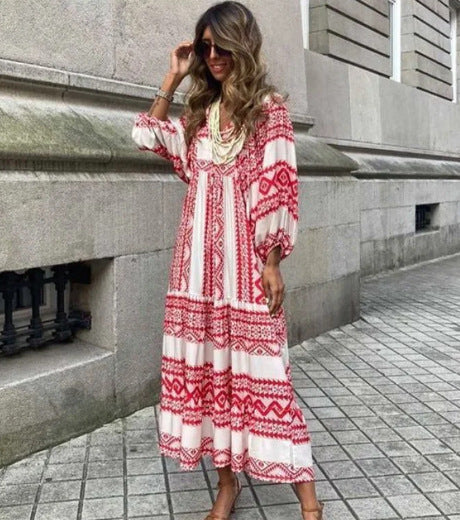 European and American Plus-Size Women's Loose-Fitting Bohemian Round-Neck Lantern-Sleeve Sweet Girl Dress Wholesale from Source Factory