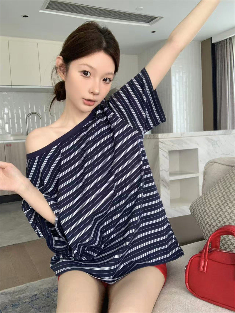 American Style Contrast Striped Off-Shoulder Short-Sleeve T-Shirt for Women, Summer New Ins Loose Slimming Versatile Pullover Top
