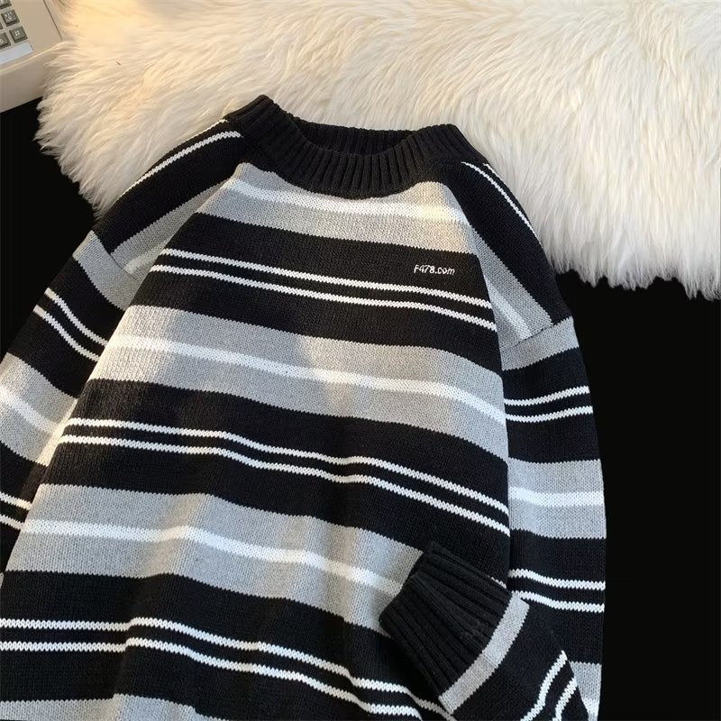 Simple Japanese Trendy Sweater Pullover Spring Long Sleeve Round Neck Men's Striped 2023 New Elegant Casual Sweater