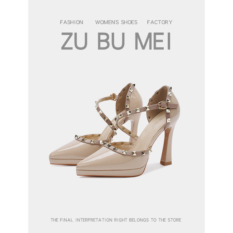 105-8 Sexy Rivet High Heels Women's Toe-Toe Hollow High-Heeled Sandals Women's Pointed Toe Stiletto Platform Shoes Women