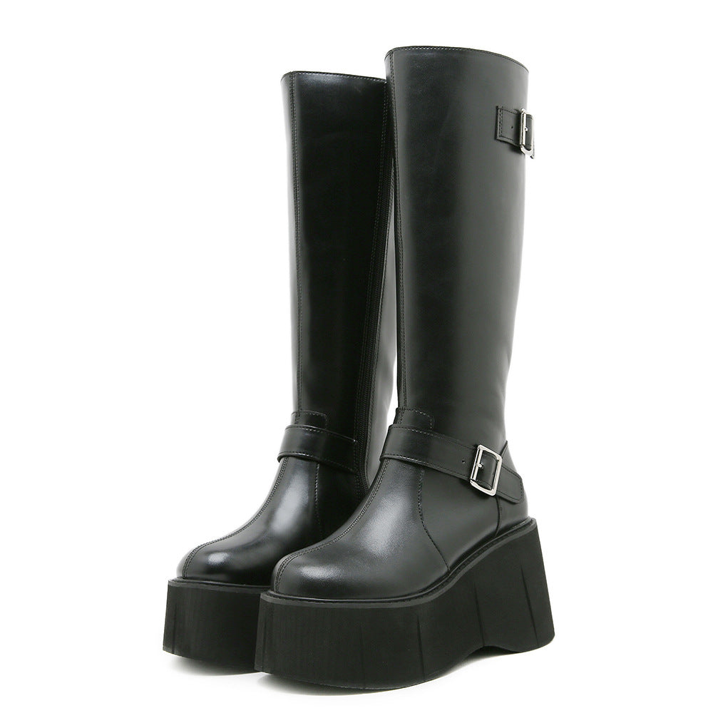 Wedge-Heeled Thick-Soled Knee-High Boots for Women with Belt Buckle Design, Long Boots for Petite Women, Height-Increasing Long Boots, Fleece-Lined Warm Riding Boots