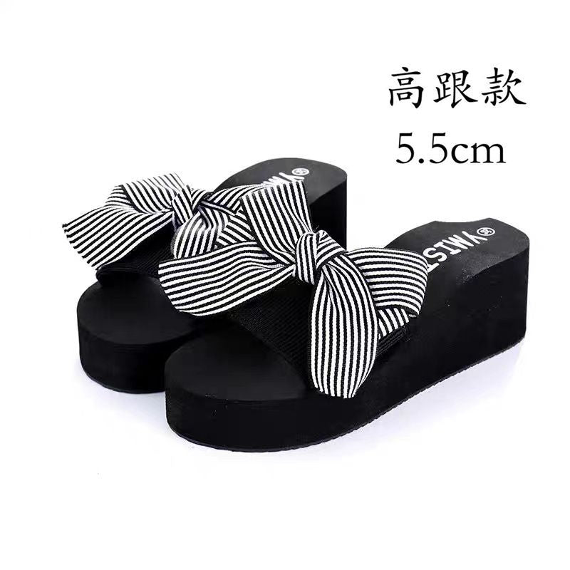 Mid-summer high-heeled slipper butterfly flower women's beach shoes thick-soled sandals and slippers Korean-style non-slip slippers for women