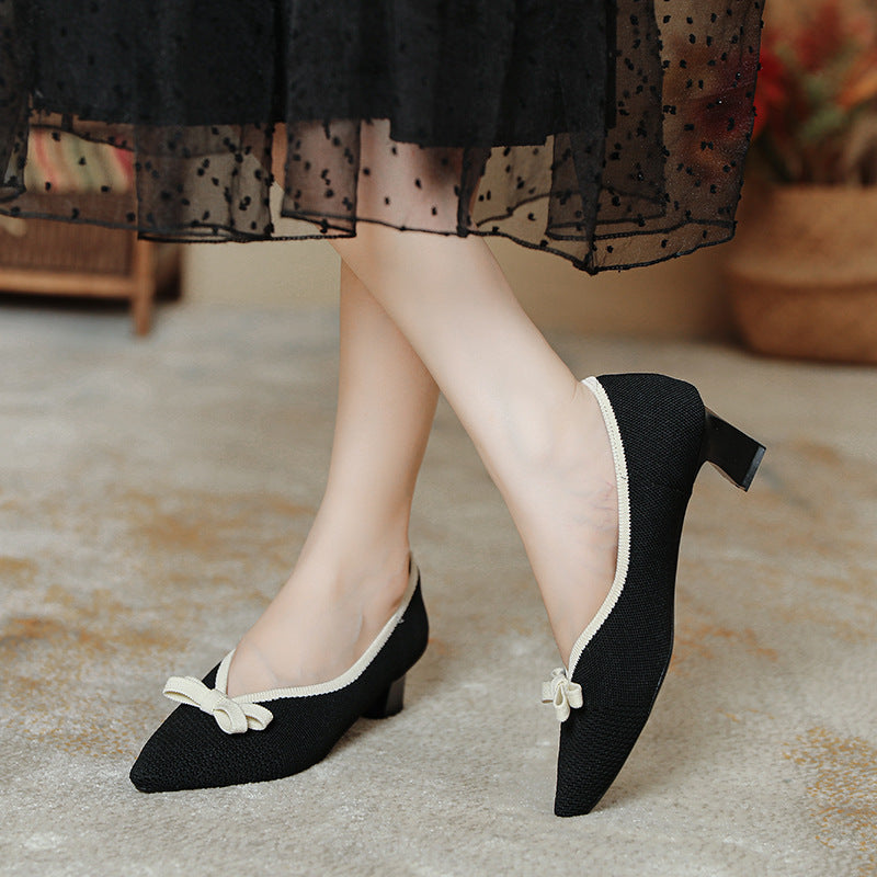 girls Fairy High Heels 2024 Spring and Autumn New Korean Style All-match Chunky Heel High Heel Commuter Women's Shoes Knitted Shoes Single-layer Shoes for Women