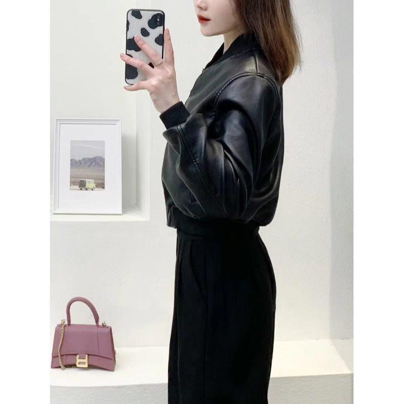 Fall 2023 new European and American cross-border women's clothing street fashion faux leather pilot jacket jacket w027 9291