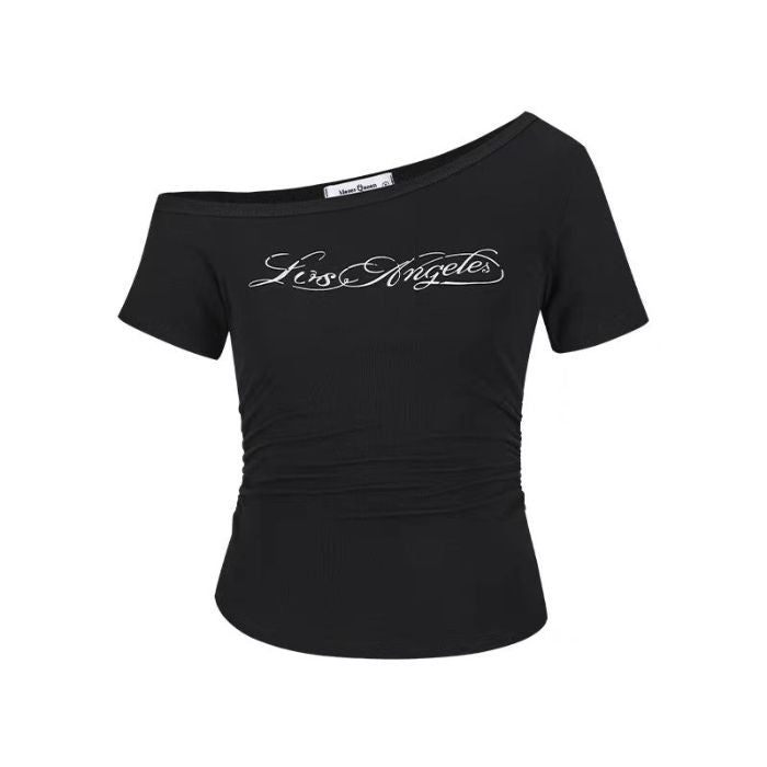 Hot Girl Style Letter Printed Slanted Shoulder Short-Sleeved T-Shirt for Women Summer New Slim Fit Versatile Chic Top
