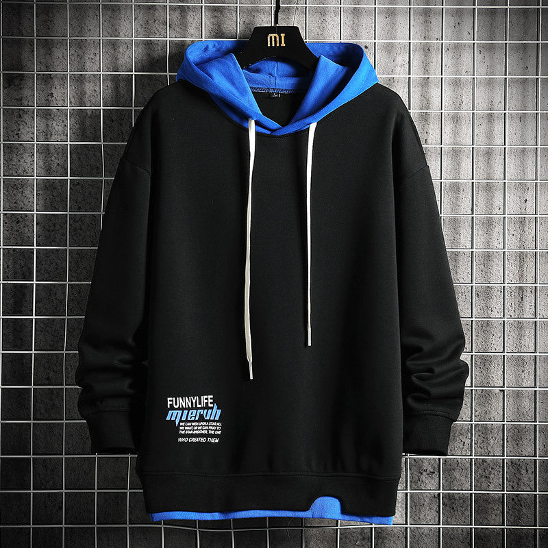 Hooded Sweatshirt 2025 Spring & Fall New Youth Long-Sleeved Color-Blocked Fake Two-Piece Hoodie Casual Top for Men
