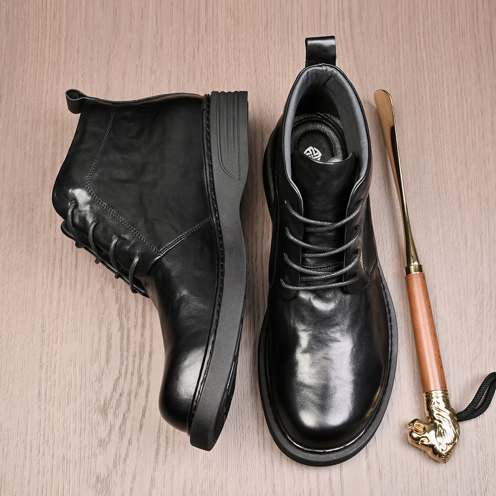 Platinum Wei Men's Martin Boots Autumn and Winter Genuine Leather Flat Mid-top Casual Boots Round Toe Lace-up Fashionable Soft Bottom Ankle Boots