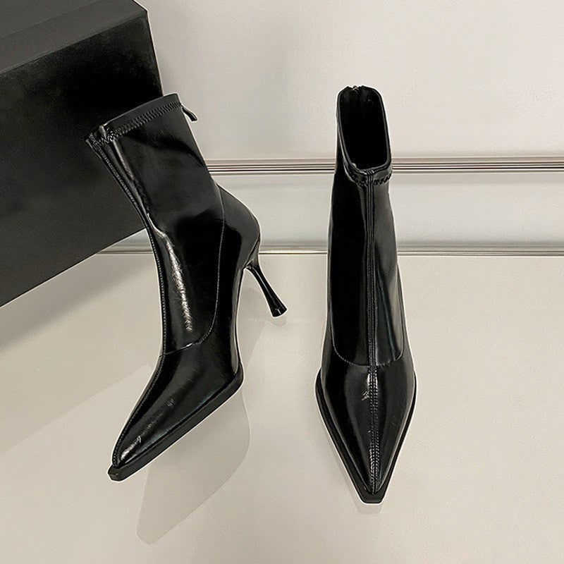 High-Heeled Pointed-Toe Short Boots for Women with Stiletto Heels and Back Zippers 2025 New Autumn and Winter Black Patent Leather High-End Slim Boots