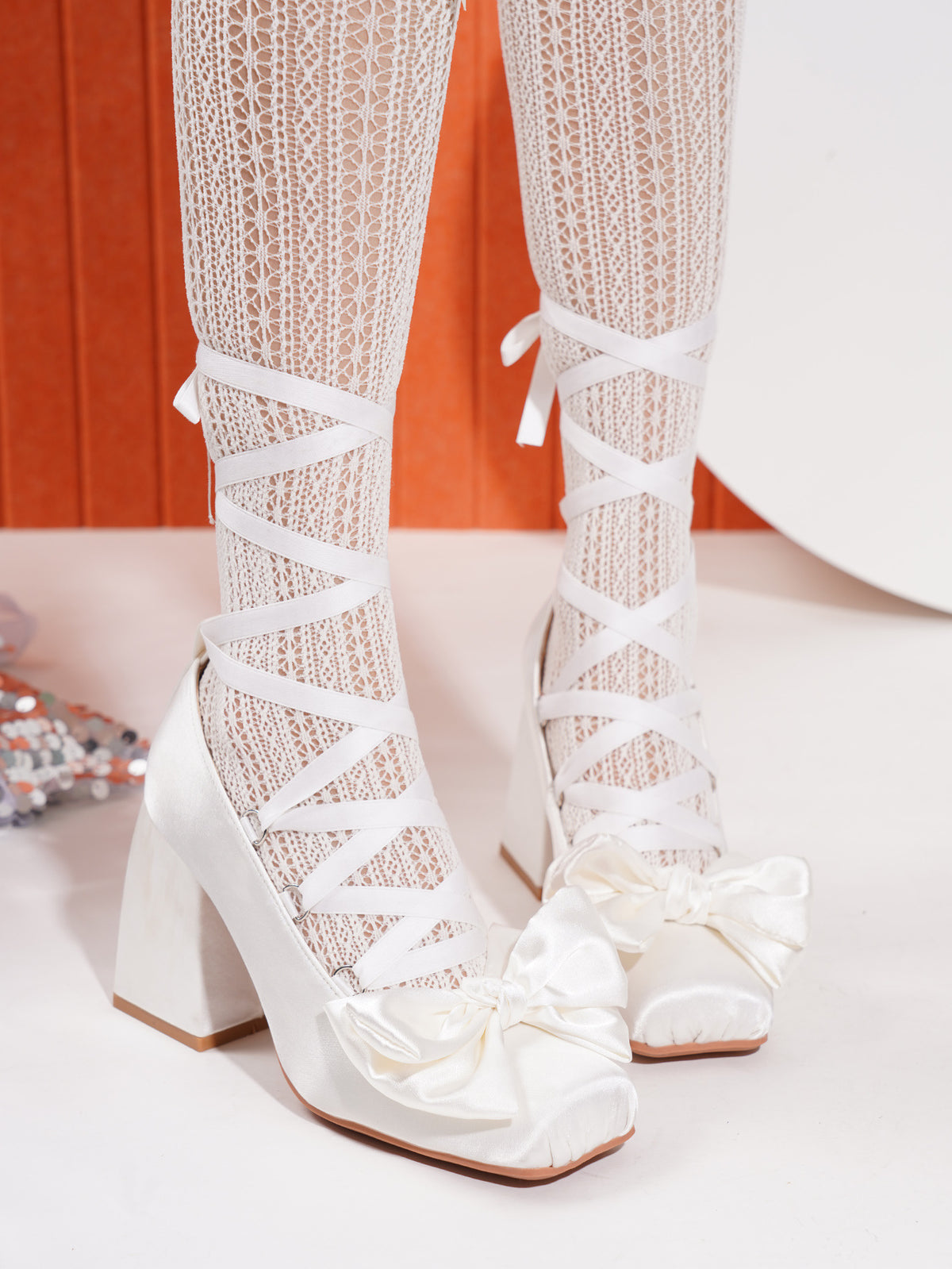 Sweet Cross Strap Ballet High Heels Women's Thick Heel French Satin Bow Lolita Mary Jane Shoes