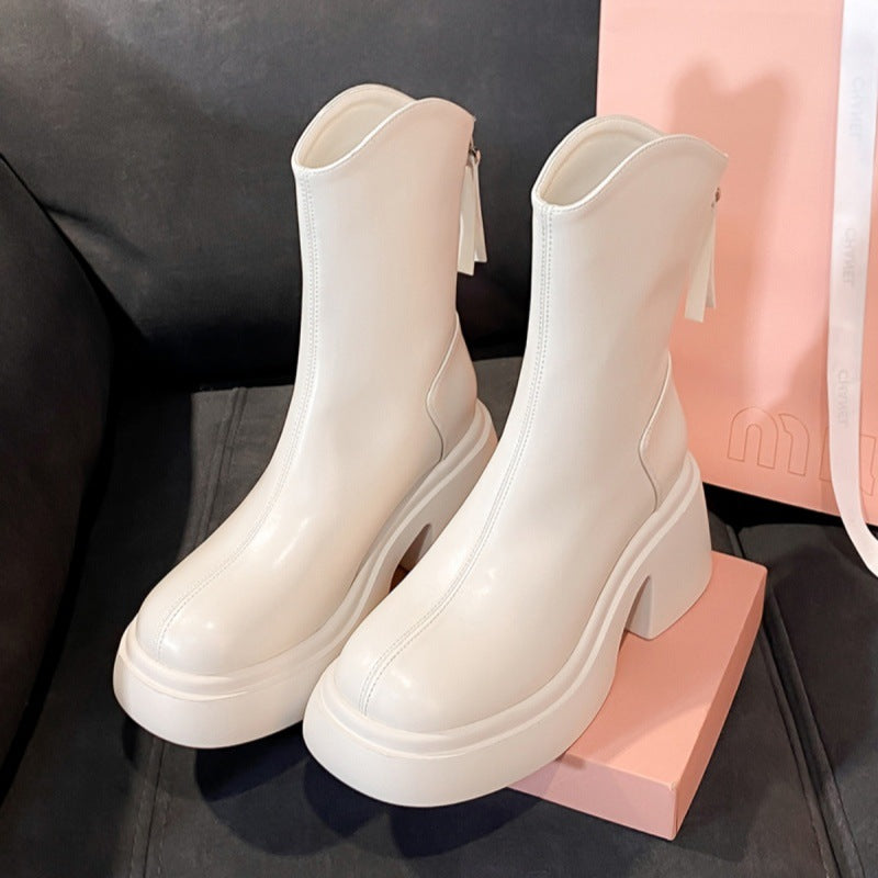 White V-Mouth High-Heeled Short Boots for Women, Autumn and Winter Thick-Soled Elastic Slim Boots, Thick Heels, Versatile Slimming Short Boots