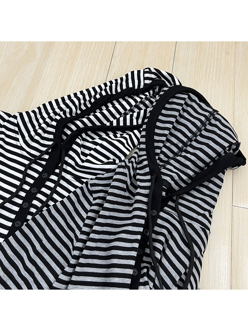 Good to wear to burst striped access control buckle hoodie autumn new women's casual all-match long sleeve T-shirt top base tee