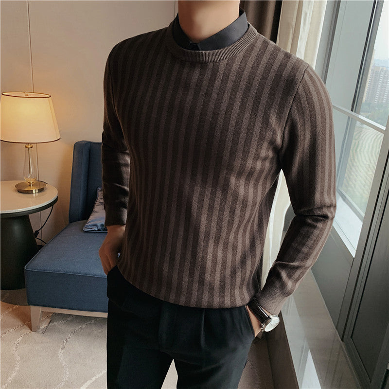 Fake Two-piece Sweater 2022 Autumn Men's Textured Striped Shirt Collar Sweater Pullover Stretch Casual Sweater for Men